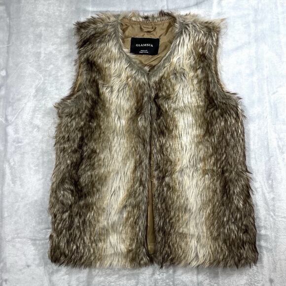 Boho Glam Faux Fur Vest Sz M Variegated Brown Silver Fox Hippie Party Rock Star - Picture 3 of 10